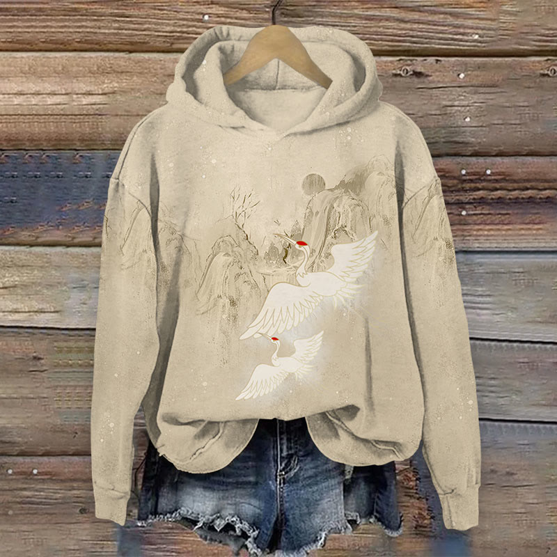Japanese Cranes Flying Across Mountain Print Long Sleeve Hoodie - Apricot - US44-46(8XL) - image 1