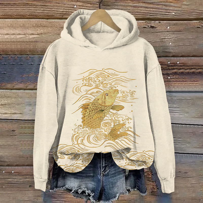 Japanese Gold Fish With Wave Print Long Sleeve Hoodie - Apricot - US44-46(8XL) - image 2