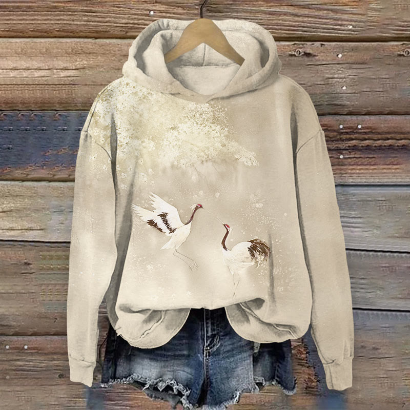 Japanese Cranes Play Under Bloom Floral Print Long Sleeve Hoodie - Apricot - US44-46(8XL) - image 3