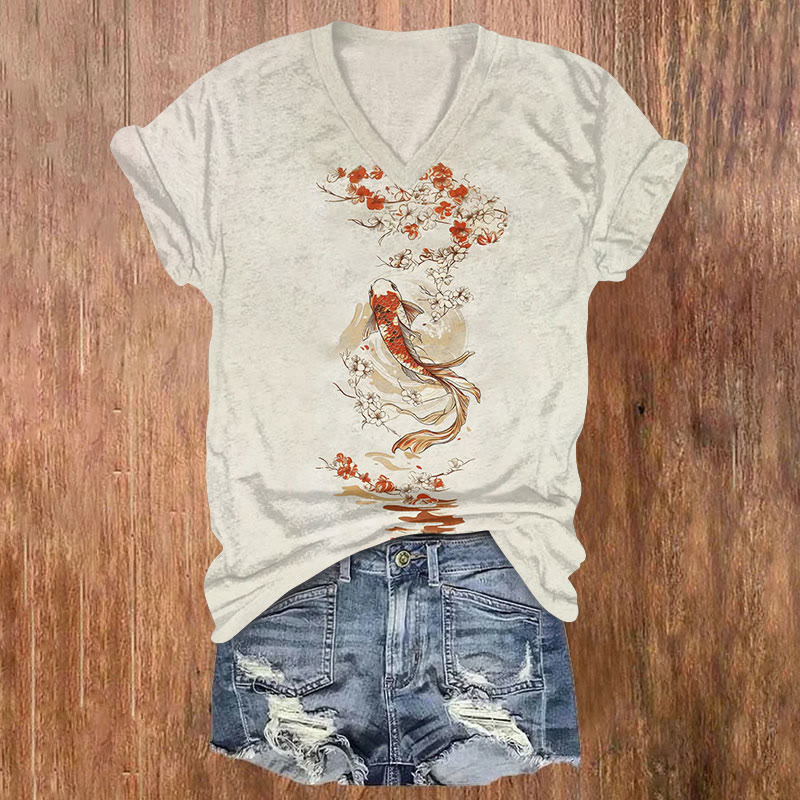 Japanese Gold Fish With Floral  Print V-neck T-shirt - Beige - US32-34(5XL) - image 1