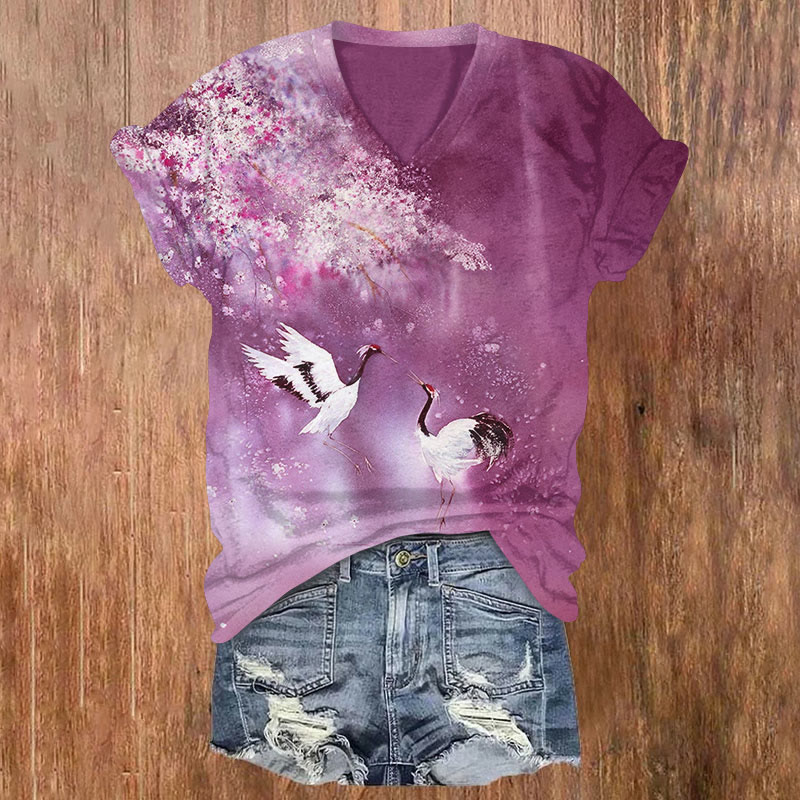 Japanese Cranes Play Under Bloom Floral Print V-neck T-shirt - Rose - US32-34(5XL) - image 1