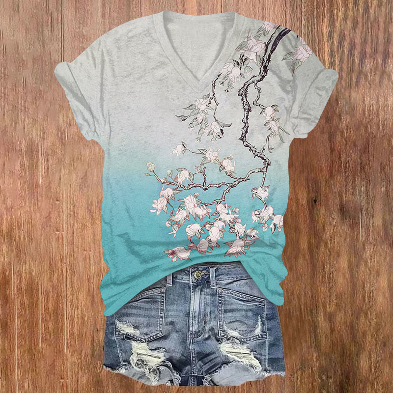Japanese Watercolor Print Rabbits On The Tree V-neck T-shirt - Green - US32-34(5XL) - image 1