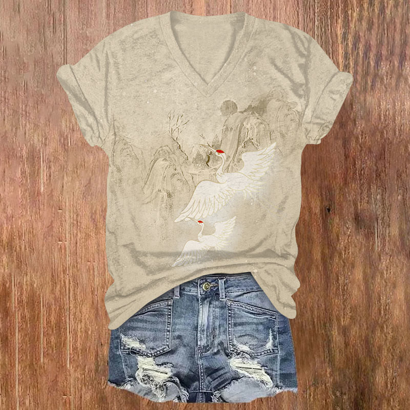  Japanese Cranes Flying Across Mountain Print V-neck T-shirt - Apricot - US32-34(5XL) - image 1