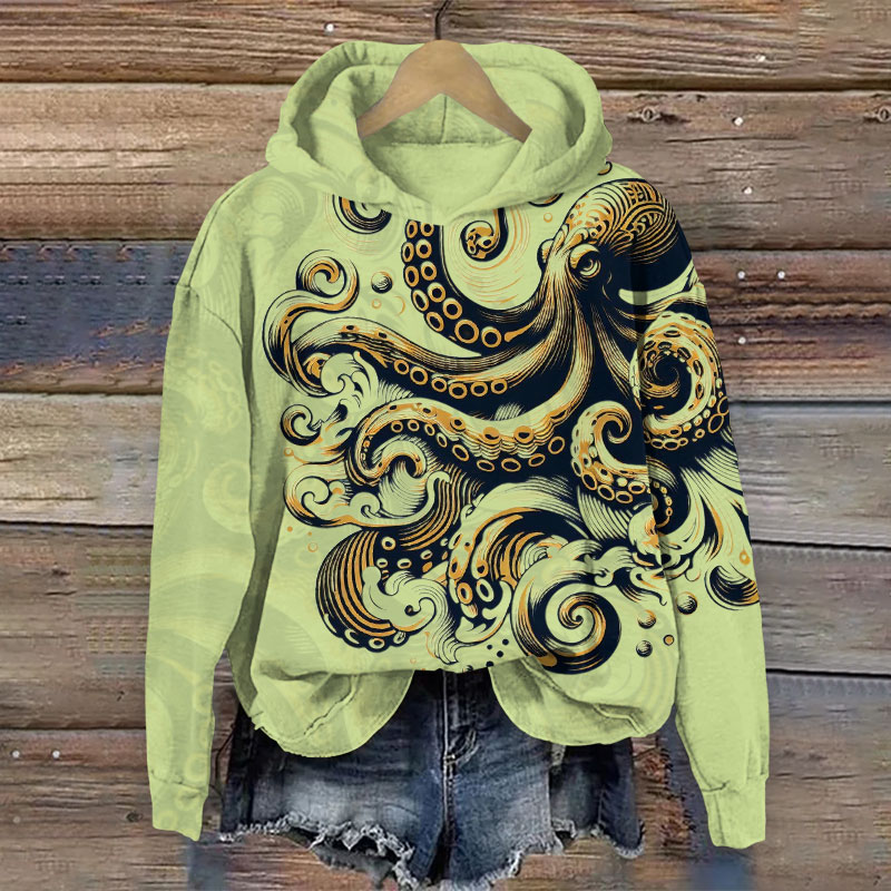 Contrasting Ink Watercolor Octopus Print Long Sleeve Hoodie - Green - US44-46(8XL) - image 2