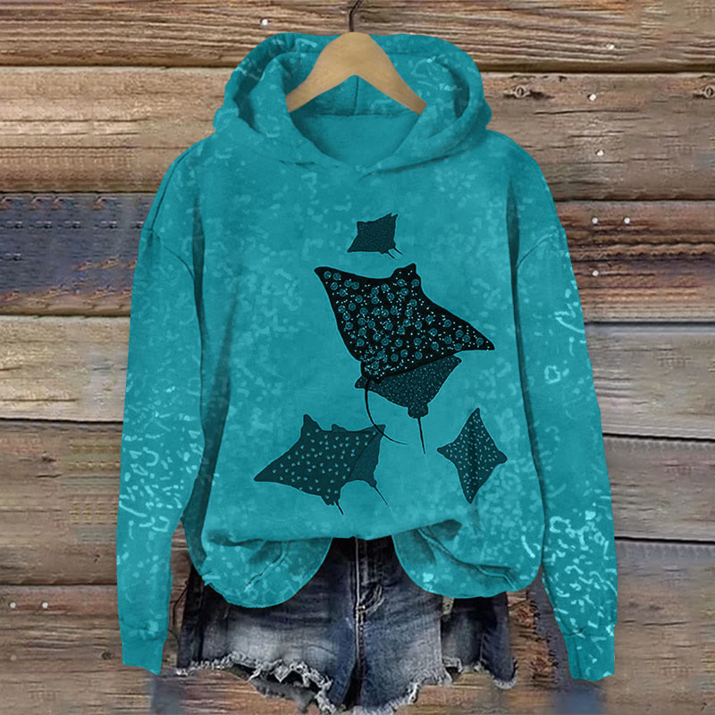 Ocean School Of Manta Ray  Print Long Sleeve Hoodie - Lake Blue - US44-46(8XL) - image 1