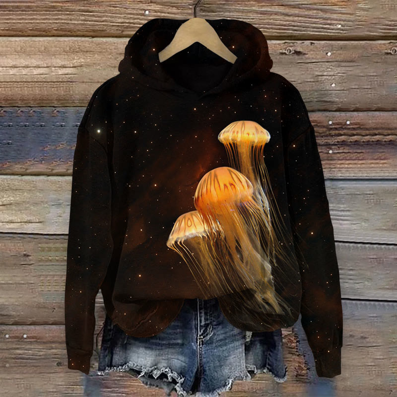  Nocturnal Glowing Jellyfish In Star Night Print Long Sleeve Hoodie - Black - US44-46(8XL) - image 1