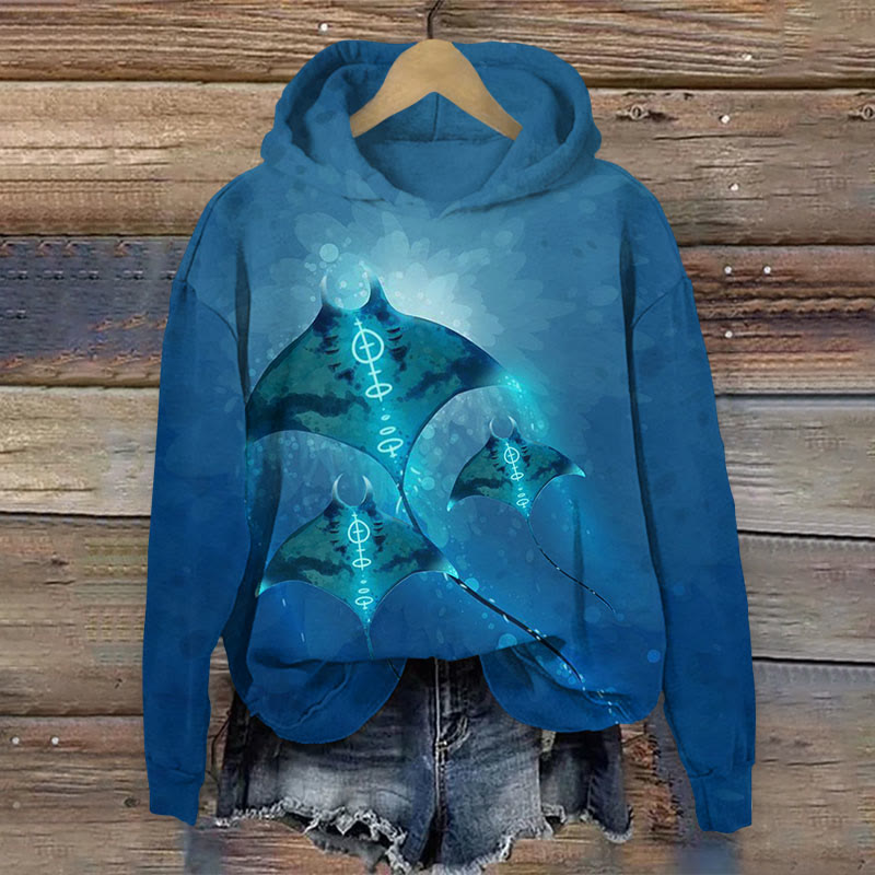 Nocturnal Glowing Manta Rays Print Long Sleeve Hoodie - Navy Blue - US44-46(8XL) - image 1