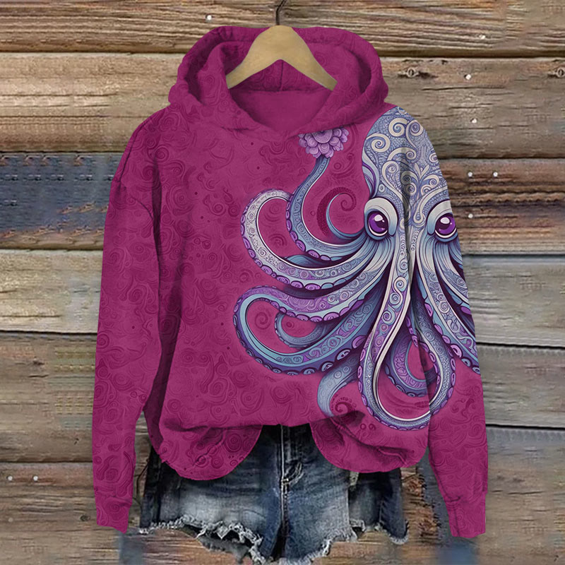 Art Octopus With Shading Print Long Sleeve Hoodie - Rose - US44-46(8XL) - image 1