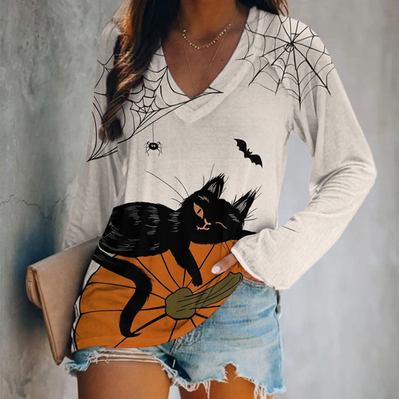 Halloween Cats & Pumpkin Print V-neck Long Sleeve T-shirt - Beige - 5XL - image 1