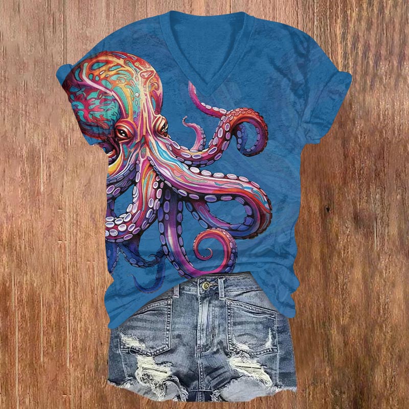 Retro Colorful Striped Octopus Art Print V-neck T-shirt - Blue - US32-34(5XL) - image 1