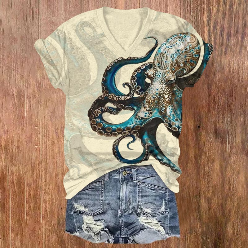 Vintage Mystical Geometric Octopus Print V-neck T-shirt - Beige - US32-34(5XL) - image 1
