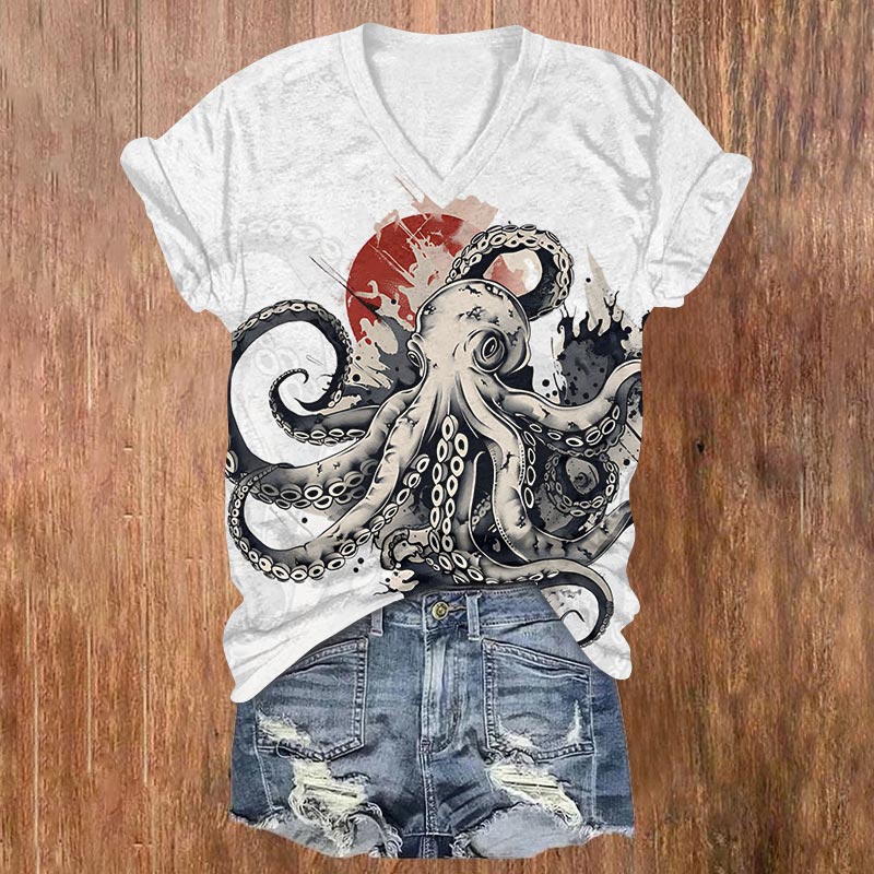 Japanese Ink Watercolor Octopus & Sun Print V-neck T-shirt - White - US32-34(5XL) - image 1