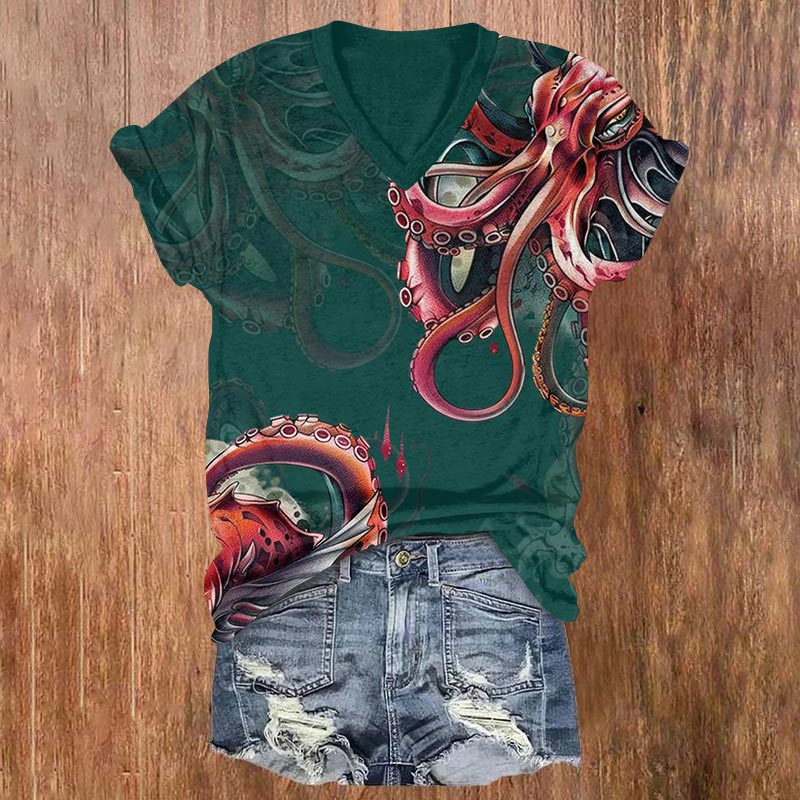 Retro Octopus Art Print V-neck T-shirt - Dark Green - US32-34(5XL) - image 1