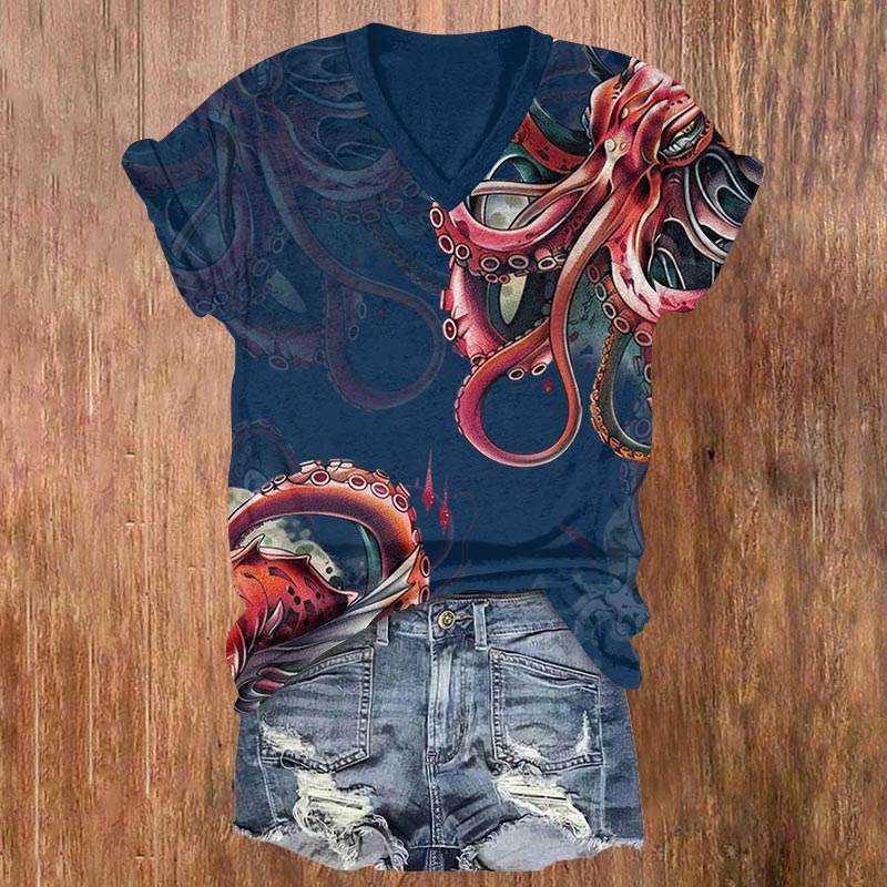 Retro Octopus Art Print V-neck T-shirt - Navy Blue - US32-34(5XL) - image 3