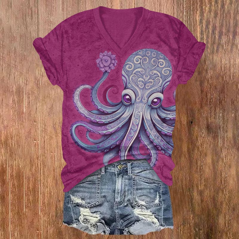 Vintage Cute Octopus Holding Flower Art Print V-neck T-shirt - Rose - US32-34(5XL) - image 1