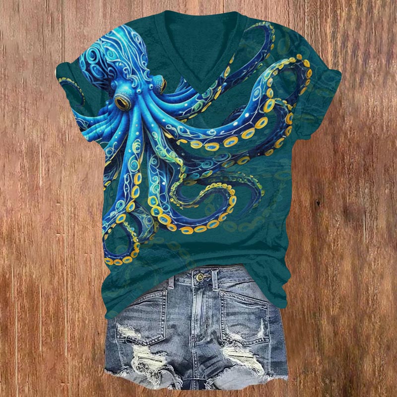 Japanese Oil Painting Octopus Print V-neck T-shirt - Green - US32-34(5XL) - image 1