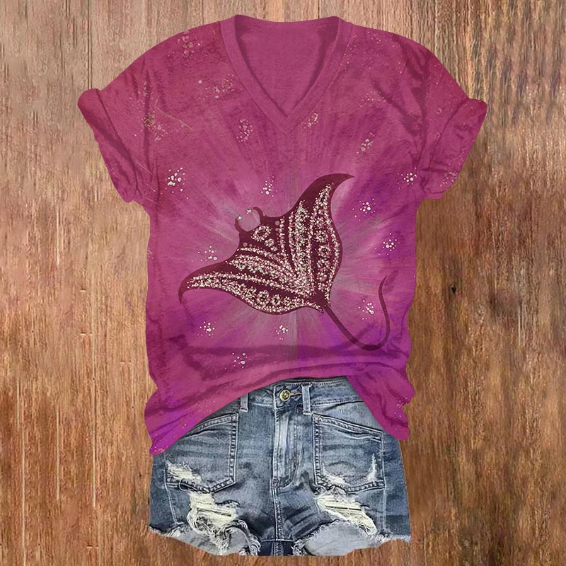 Vintage Glowing Sequins Manta Ray Print V-neck T-shirt - Dark Pink - US32-34(5XL) - image 3