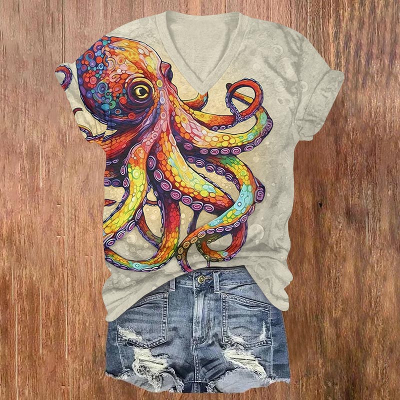 Colorful Ombre Geometric Octopus Print V-neck T-shirt - Khaki - US32-34(5XL) - image 1