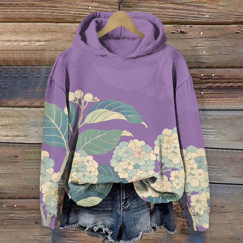 Vintage Cartoon Hydrangea Art Print Long Sleeve Hoodie - Purple - US44-46(8XL) - image 1