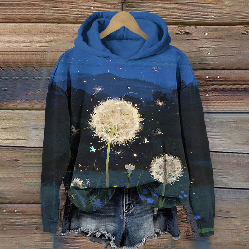 Oil Painting Starry Night Dandelion Print Long Sleeve Hoodie - Blue - US44-46(8XL) - image 1