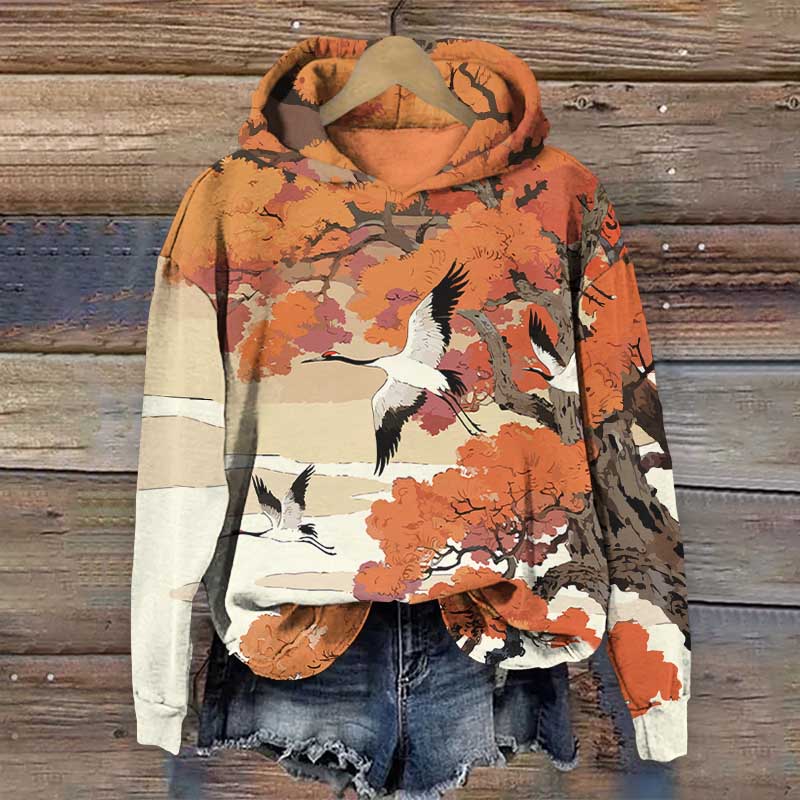 Japanese White Crane Flying Across The Maple Tree Print Long Sleeve Hoodie - Orange - US44-46(8XL) - image 1