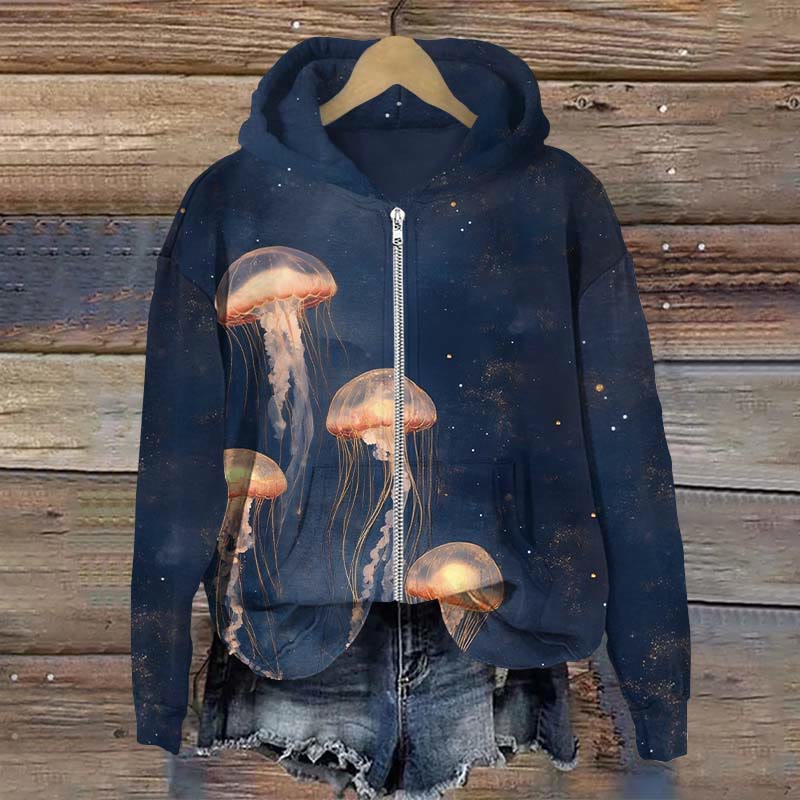 Vintage Lovely Orange Jellyfish Art Print Long Sleeve Zipper Hoodie - Blue - US28-30(4XL) - image 1