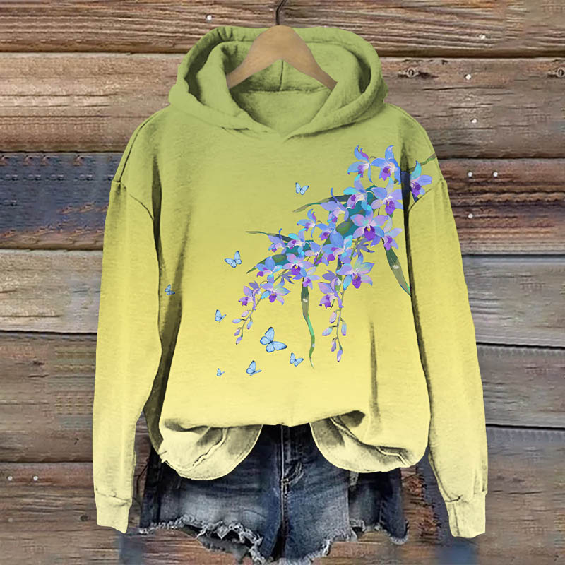 Vintage Ombre Violet Flowers Print Long Sleeve Hoodie - Green - US44-46(8XL) - image 1
