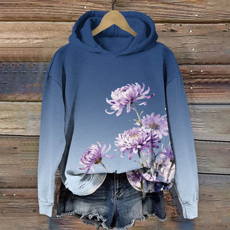 Watercolor Purple Chrysanthemum Print Long Sleeve Hoodie - Blue - US44-46(8XL) - image 1