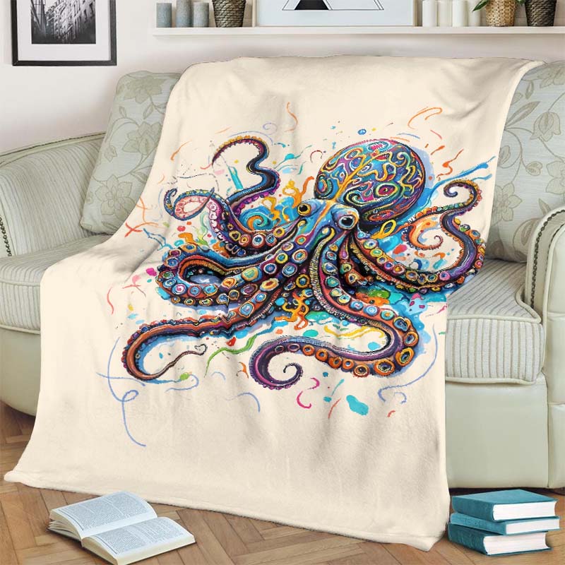 Vintage Rainbow Octopus Art Print Blanket - Apricot - 100*150cm - image 1