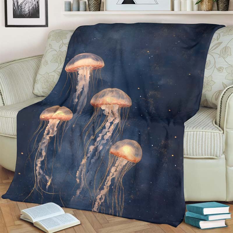 Vintage Lovely Orange Jellyfish Art Print Blanket - Dark Blue - 100*150cm - image 1