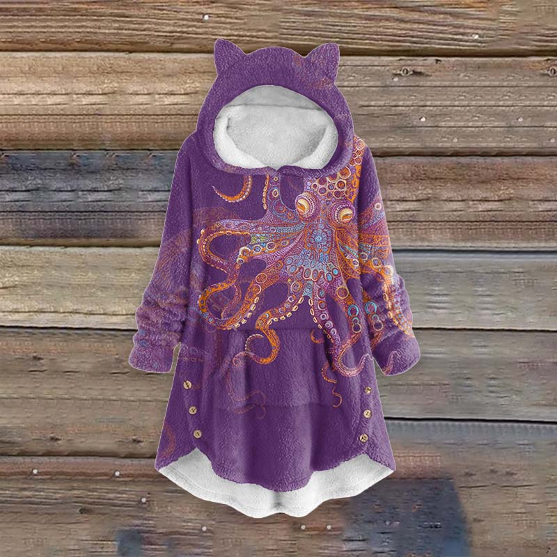 Women's Unique Exquisite Octopus Pattern Pocket Cute Cat Ear Fuzzy Fleece Hoodie - Purple - 6XL - image 1