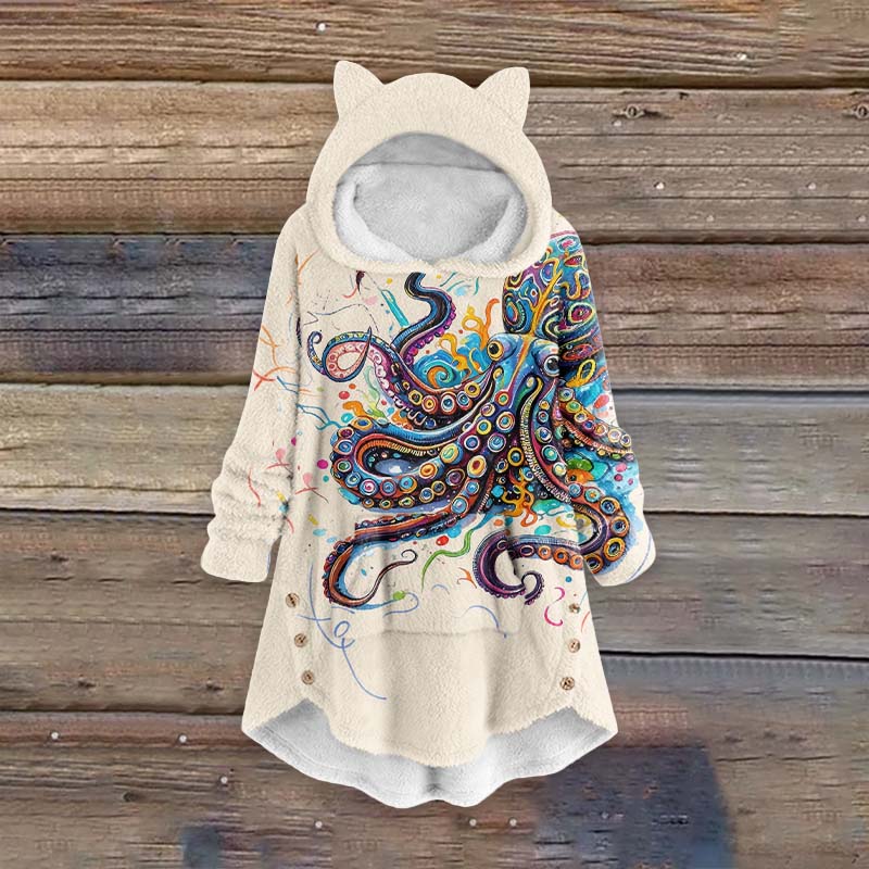 Women's Vintage Rainbow Octopus Art Print Pocket Cute Cat Ear Fuzzy Fleece Hoodie - Apricot - 6XL - image 1