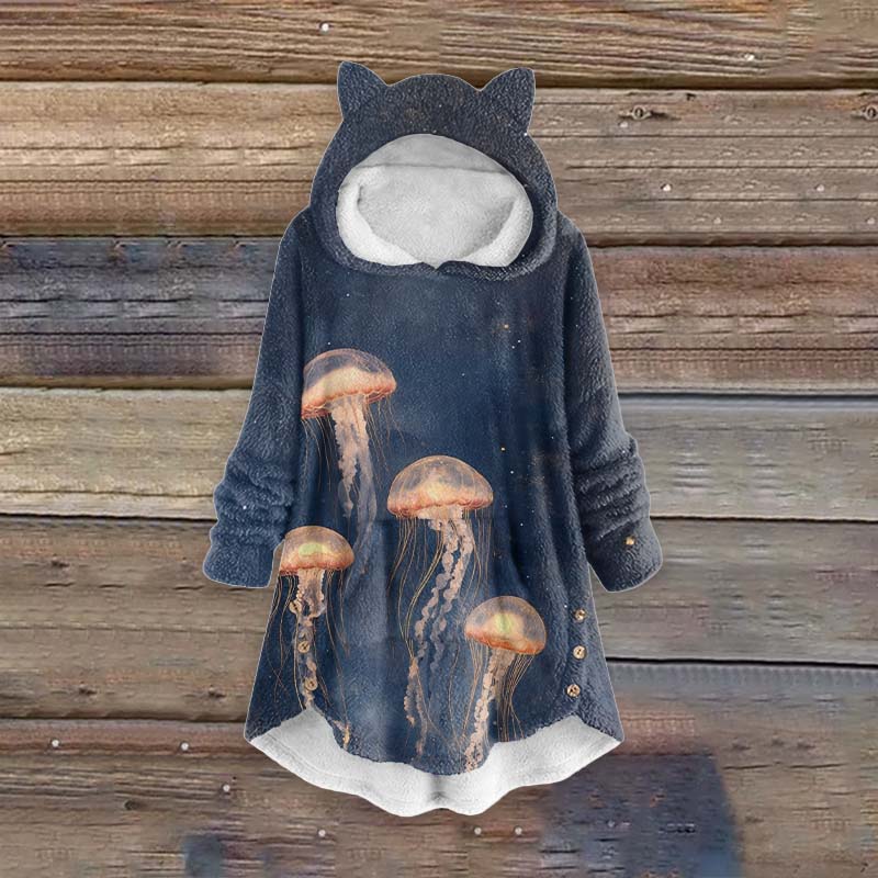 Women's Vintage Lovely Orange Jellyfish Art Print Pocket Cute Cat Ear Fuzzy Fleece Hoodie - Dark Blue - 6XL - image 1