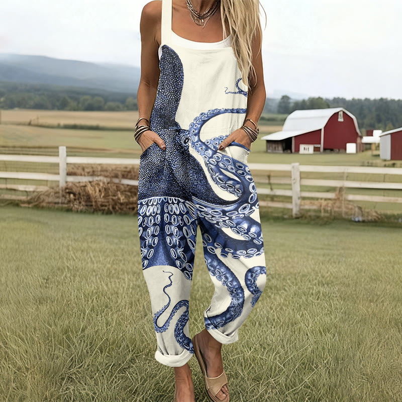 Japanese Art Octopus Graphic Print Wide Leg Jumpsuit - Beige - 6XL - image 1