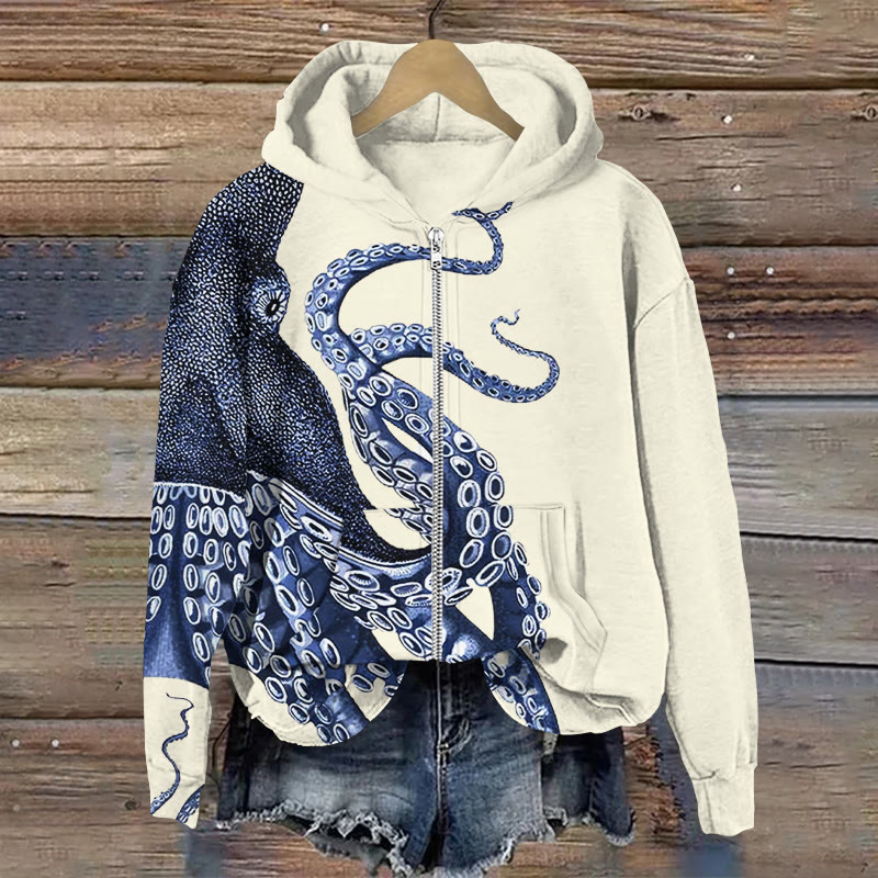Japanese Art Octopus Graphic Print Long Sleeve Zipper Hoodie - Beige - US28-30(4XL) - image 1