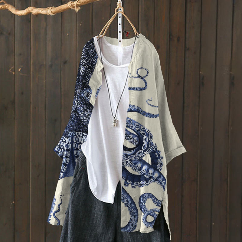 Japanese Art Octopus Graphic Print Cardigan - Beige - 6XL - image 1