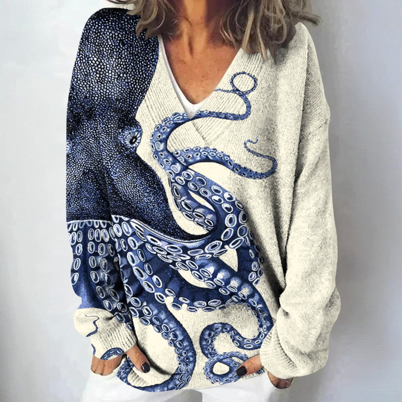 Japanese Art Octopus Graphic Print Causal V-neck Pullover Sweater - Beige - 4XL - image 1