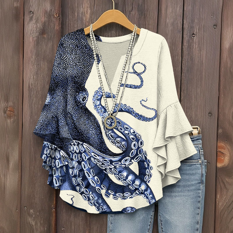 Japanese Art Octopus Graphic Print V-neck Half Sleeve Blouse - Beige - 5XL - image 1