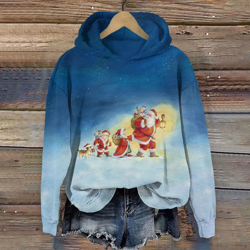 Christmas Santa Claus And Children Are On Their Way To Distribute Gifts Print Long Sleeve Hoodie - Blue - US44-46(8XL) - image 1