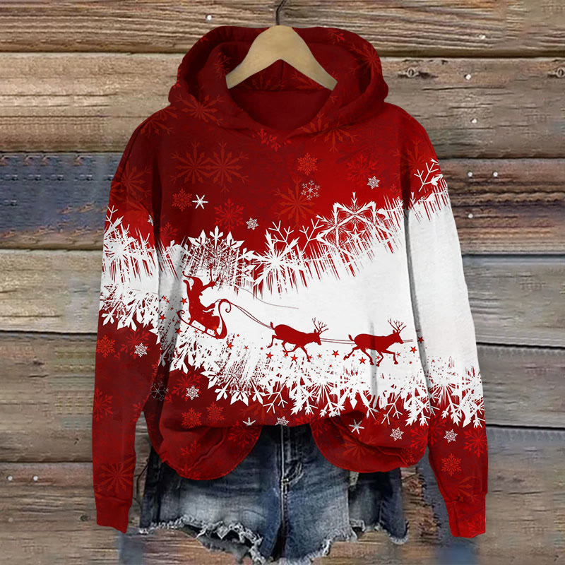 Christmas Elk Pulling A Sled Print Long Sleeve Hoodie - Red - US44-46(8XL) - image 1