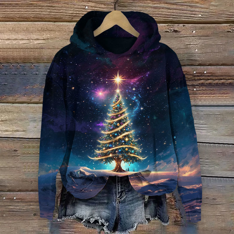 Glitter Christmas Tree At Night Print Long Sleeve Hoodie - Dark Blue - US44-46(8XL) - image 1