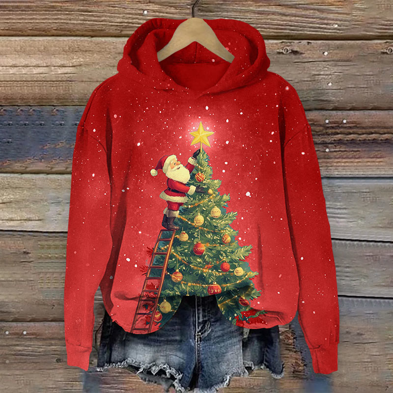 Glitter Christmas Tree With Santa Print Long Sleeve Hoodie - Red - US44-46(8XL) - image 1