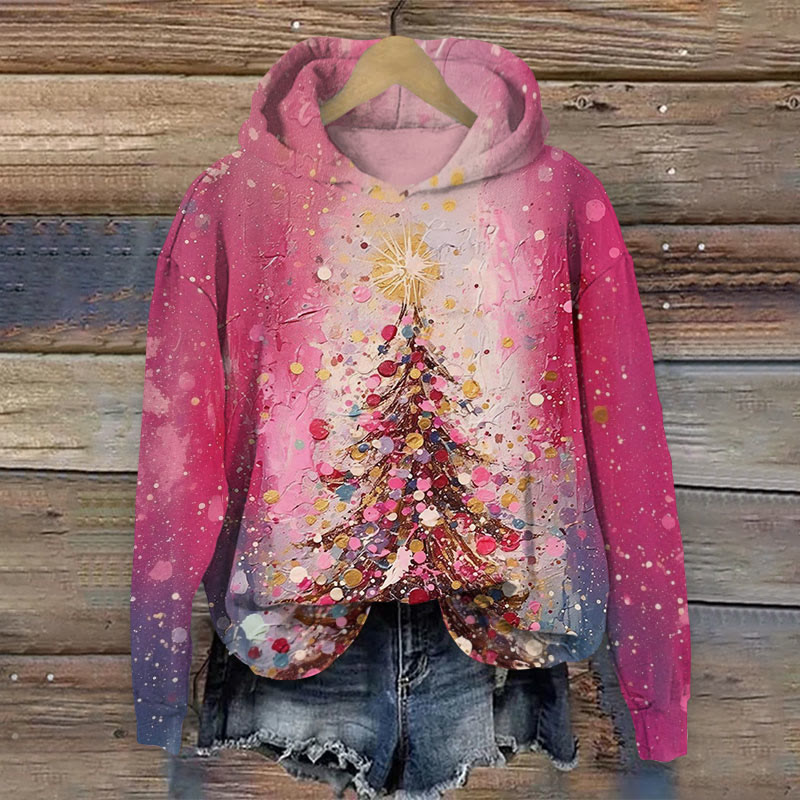 Christmas Colorful Oil Tree Print Long Sleeve Hoodie - Rose - US44-46(8XL) - image 1