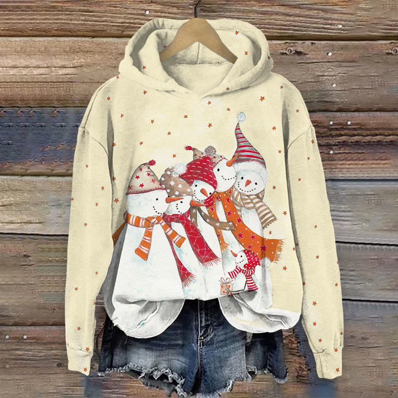 Christmas Snowmen Wearing Scarves And Snow Hats Lining Up Print Long Sleeve Hoodie - Apricot - US44-46(8XL) - image 1