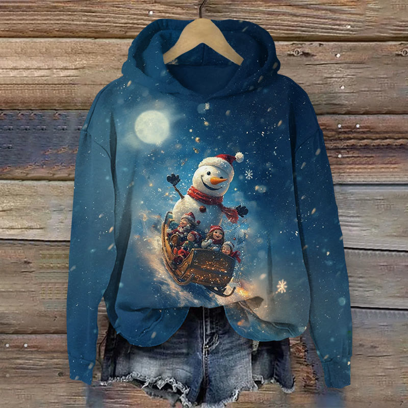 Christmas Happy Snowman And Children Riding A Sled Print Long Sleeve Hoodie - Navy Blue - US44-46(8XL) - image 1