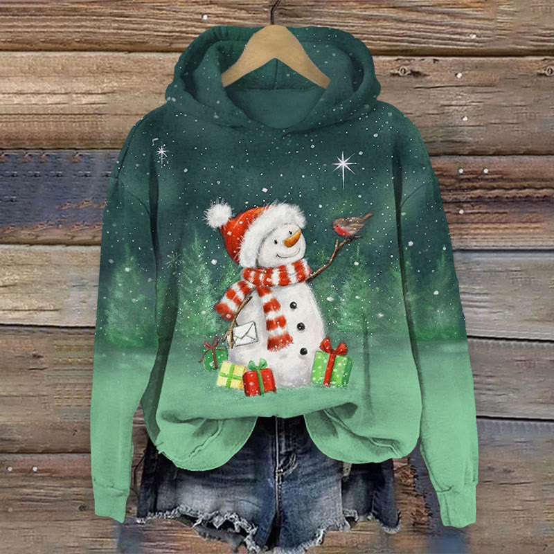 Christmas A Conversation Between Snowman Wearing Scarf And Bird Print Long Sleeve Hoodie - Dark Green - US44-46(8XL) - image 1