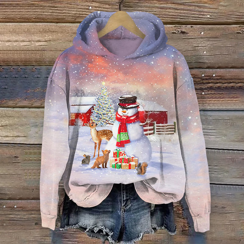 Christmas Snowman With Animals Print Long Sleeve Hoodie - Multicolor - US44-46(8XL) - image 1