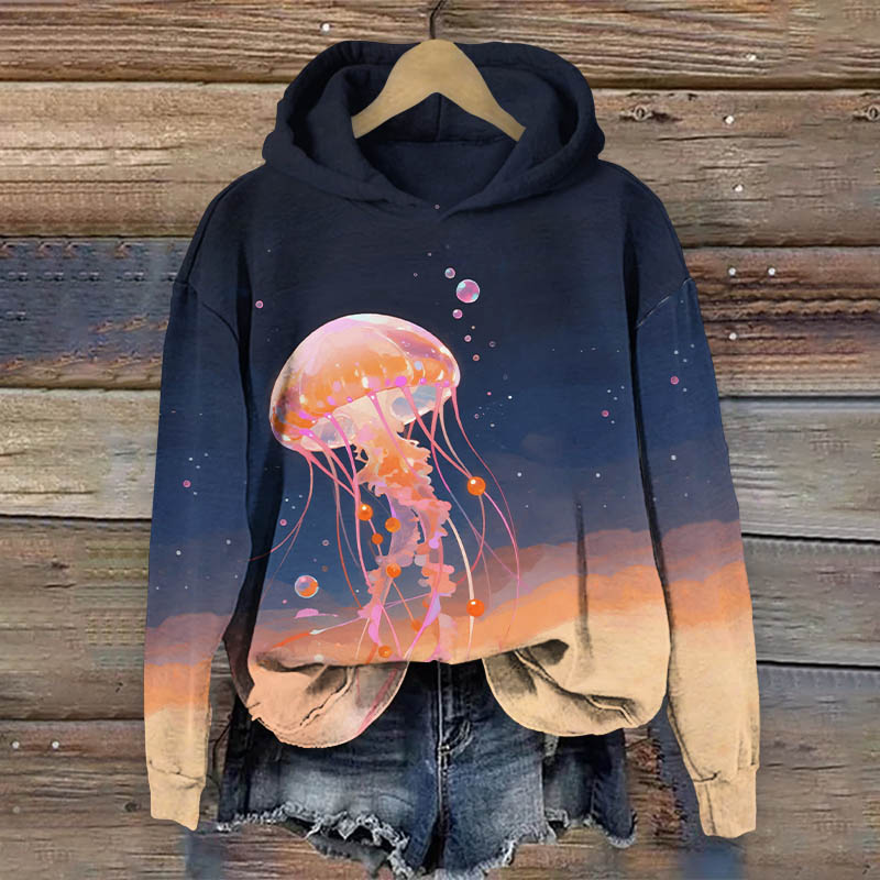 Creative Ombre Bubble Dancing Jellyfish Print Long Sleeve Hoodie - Dark Blue - US44-46(8XL) - image 1