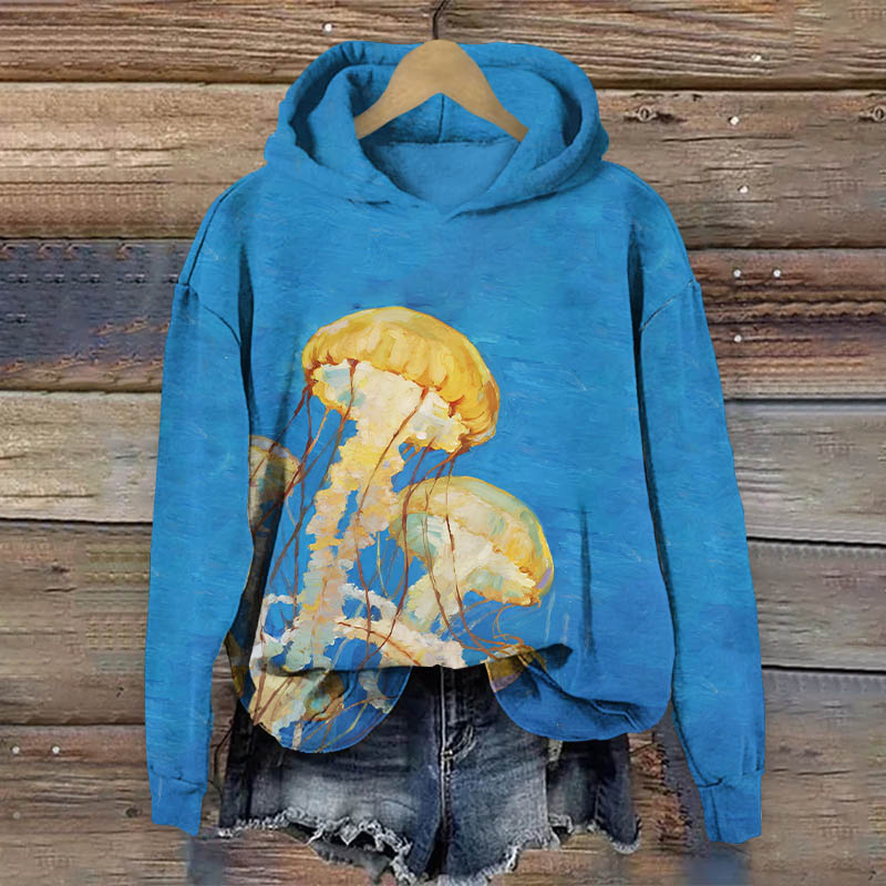 Oil Painting Lovely Jellyfish Print Long Sleeve Hoodie - Blue - US44-46(8XL) - image 1