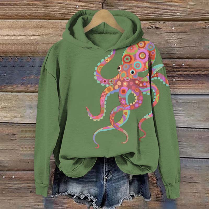 Creative Colorful Geometric Octopus Print Long Sleeve Hoodie - Green - US44-46(8XL) - image 3